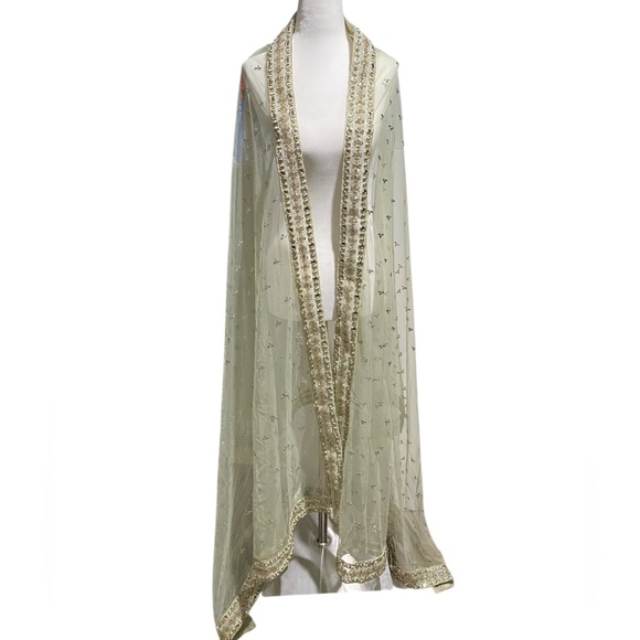 Other - Elegant Sheer Shawl‎ with Gold Embellishments Indian Shawl Dupatta Zari Green